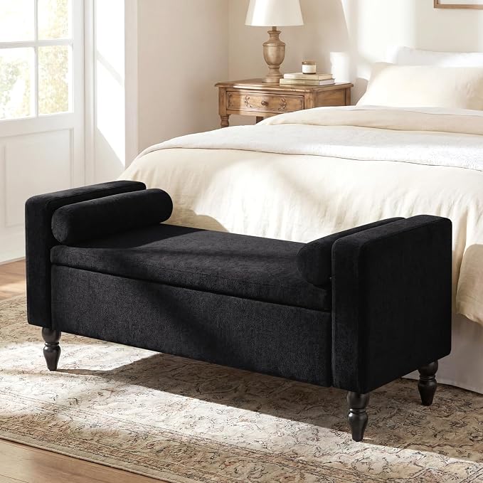 End of Bed Bench for Bedroom, 45.7" Linen Storage Ottoman Bench with Removable Pillows, Upholstered Entryway Bench with Solid Wood Legs, Storage Cabinet for Bedroom, Living Room, Entryway, Black