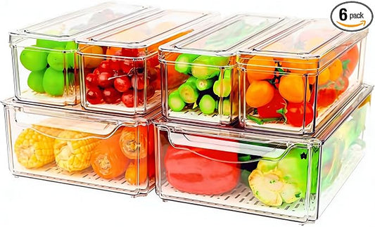 ZIJUND 6 Packs Fridge Organizers and Storage, Refrigerator Organizer Bins | Stackable BPA-Free Refrigerator Organizers and Storage Containers for Fruit, Vegetable, Food, Drinks, Cereals, Clear
