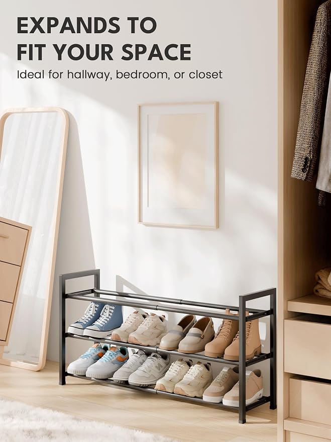 Bumusty 3 Tier Expandable Shoe Rack for Closet, Black | 18"-33" Adjustable Shoe Rack for Entryway, Small Shoe Organizer for Dorm, Front Door, Sturdy Metal