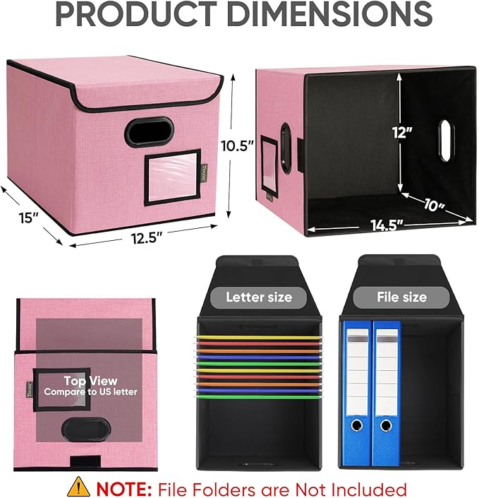 BALEINE File Organizer Box with Lid, Collapsible File Folder Organizer with Plastic Slide, Hanging File Folder Box for Office Document Storage (2 Pack, Pink)