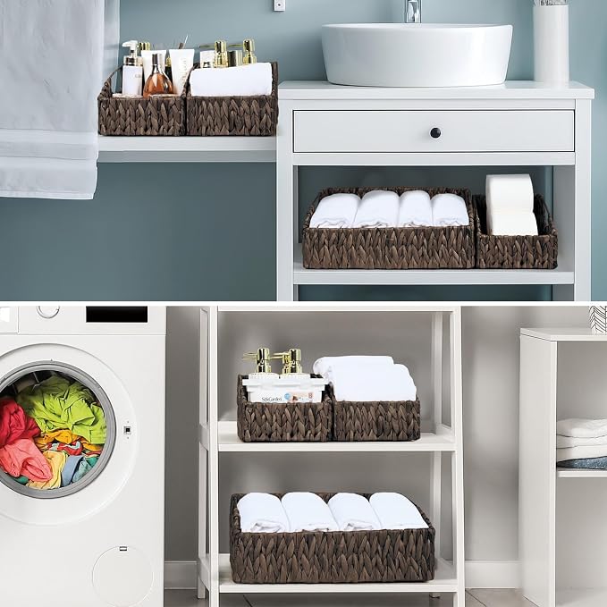 Pantry Baskets Organization, Wicker Basket for Shelf Black | Handwoven Pantry Organizers and Storage with Built-in Handles, Laundryroom Organization Storage Bins for Snack Cans