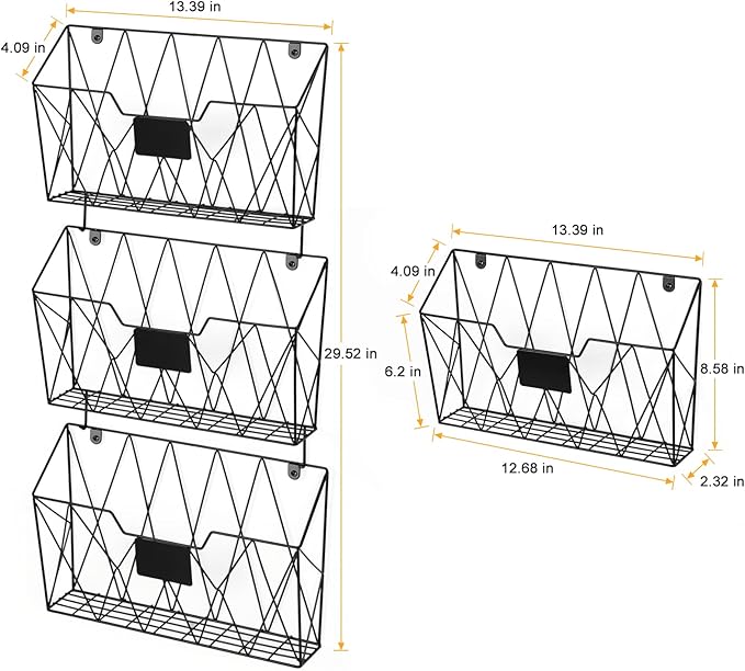 Wall File Organizer, 3 Pack Metal Wall Basket File Holder for Home Office | Vertical Hanging File Organizer, Mail Organizer Wall Mounted Magazine with Label Slot & Hooks, Sorts papers, Mails & Supplies