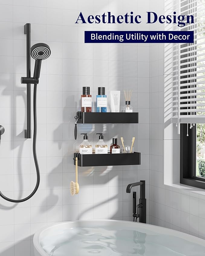 Kitsure Shower Caddy Adhesive, Stylish Shower Organizer, X-Large, Black | 2 Pack Shower Shelf for Inside Shower, 100% Rustproof Metal Shelves, No-Drill Bathroom Organizers and Storage