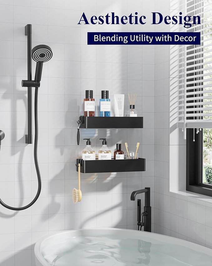 Kitsure Shower Caddy Adhesive, Stylish Shower Organizer, Large, Black | 2 Pack Shower Shelf for Inside Shower, 100% Rustproof Metal Shelves, No-Drill Bathroom Organizers and Storage