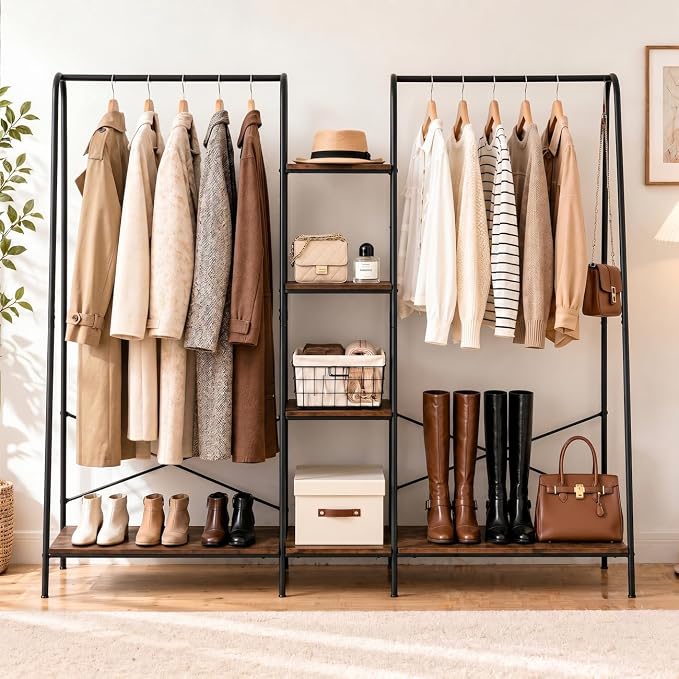 Finnhomy Clothes Rack for Hanging Clothes Freestanding Clothing Rack with 6 Wood Storage Shelves & 2 Rods Heavy Duty Garment Rack Portable Wardrobe Closet Organizer for Bedroom Closet Boutique,Rustic