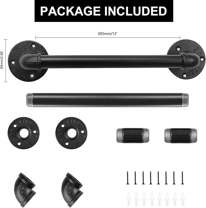 Livabber Industrial Pipe Towel Bar, Rustic Iron Decor Bathroom Hardware Towel Holder Accessory, Heavy Duty Wall Mounted Bath Towel Rack,Black (12 Inch)