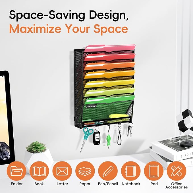 8-Tier Wall File Organizer with Hook, Hanging File Organizer Black | Wall-mounted mail storage holds papers, folders, files, clipboards and magazines, assembly required for office or home use.