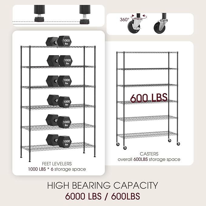 BestOffice | 6-Tier Wire Shelf with Wheels | 48" x 18" x 77" | Black | Storage Shelves with Adjustable Racks, Holds upto 600 lbs | Rust-Resistant, No-Tool Assembly | For Home, Garage