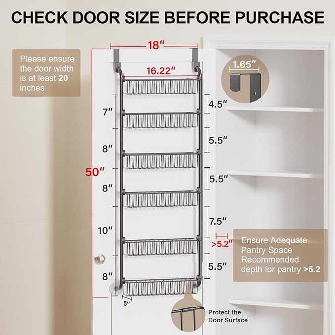 Delamu Over the Door Pantry Organizer, 6-Tier Metal Pantry Door Organization and Storage, Hanging Kitchen Basket Spice Rack Seasoning Shelves, Cabinet Door Organizer for Easy Install,D5xW18xH50inch
