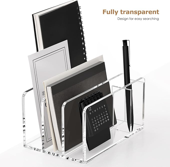 SANRUI Acrylic Mail Sorter Desk Organizer with Pen Holder, 3 Compartments | Clear Small File Script Letter Document Storage for Desktop Bill Filling Envelope Holder Office, Home, School Organization