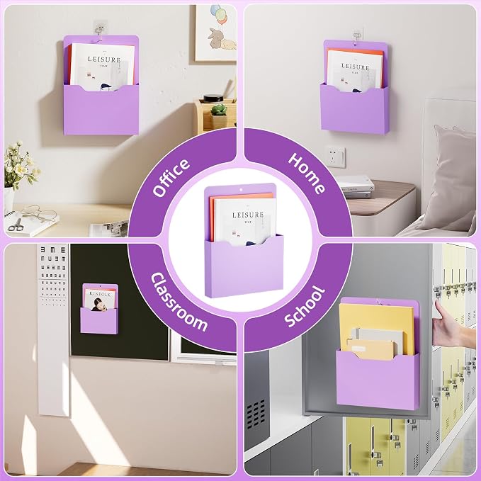Marbrasse 2 Pack Magnetic File Holder - Paper Holder, Pocket Organizer,Hanging Wall File Organizer Office Supplies Storage, Magazine Mail Organizer Case for Notebooks,Planners,Letter (Purple)