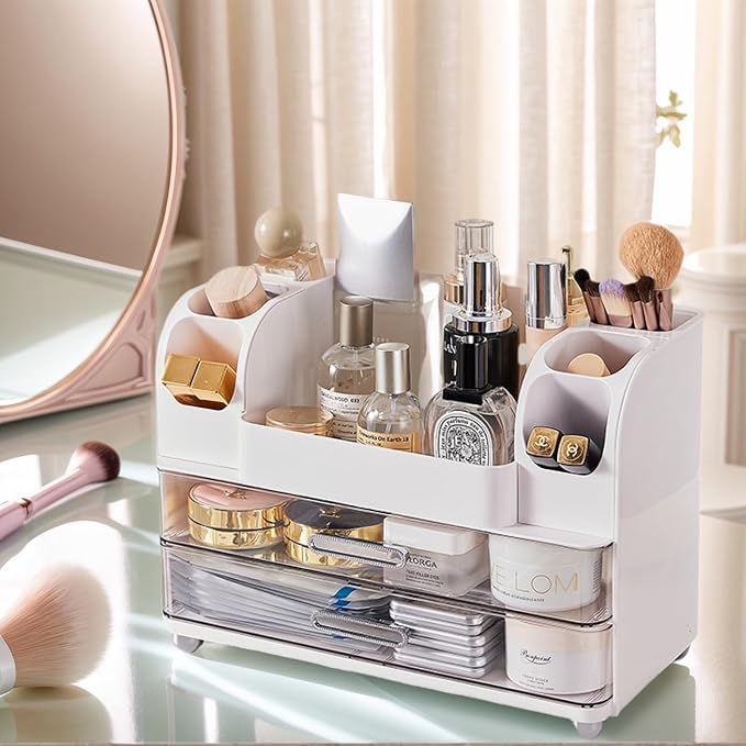 Large Makeup Organizer for Vanity - Perfume Cosmetic Display Cases | Skincare Organizers with 2 Drawers for Bathroom Dresser Desk, Easy to Store Brush Eyeshadow Lipstick Beauty Supplies, White