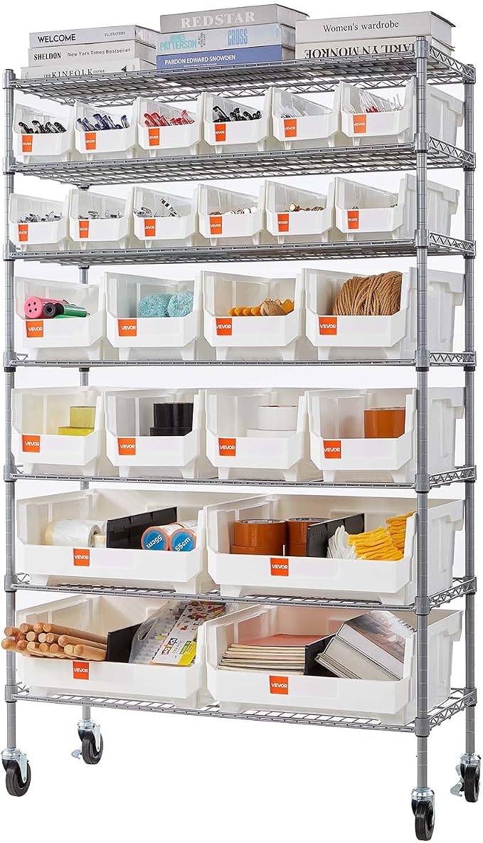 VEVOR 7-Tier Rolling Bin Storage Rack, 24 Organizer Bins, Bin Rack Storage Steel Wire Shelving System with Wheels, Mobile Tool Organizer for Garage, Warehouse, Office, Restaurant, Classroom, Kitchen