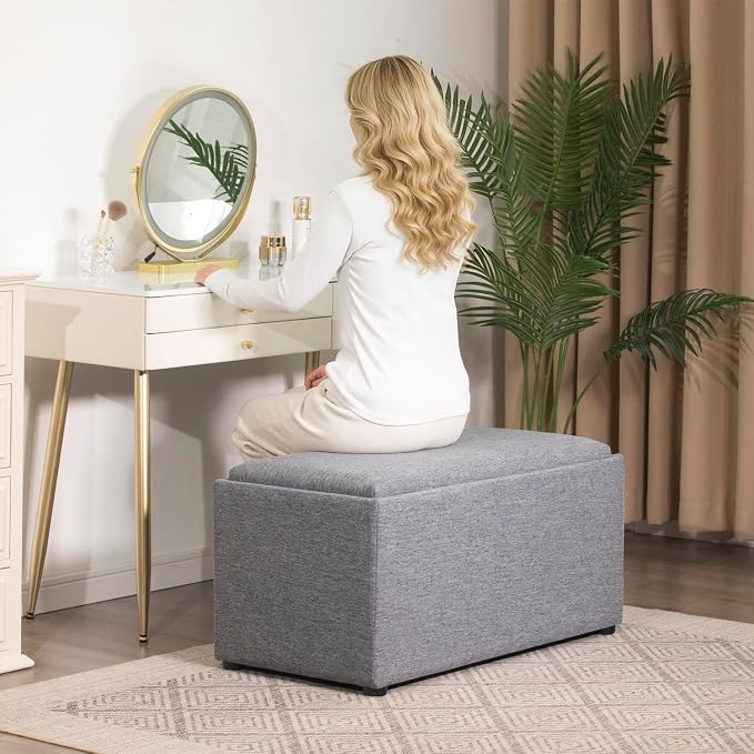 Adeco 35 Inches Storage Ottoman Bench, Non-Folding End of Bed Foot Rest Stools Ottoman with Thicker Foam Padded Seat, Upholstered Storage Chest for Living Room, Entryway, Bedroom