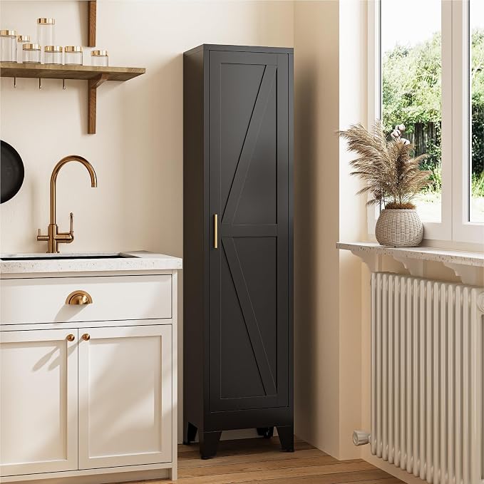 67" Tall Narrow Storage Cabinet with Reversible Doors and Adjustable Shelves,11.8" Deep By 15.7" Wide Metal Slim Cabinet for Bathroom Kitchen Garage Small Spaces,Black,1 Pc