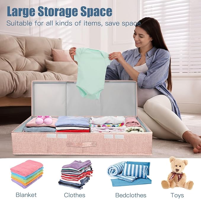 Supowin 2Pack Large Underbed Storage Containers Bin with Lids, Pink | 6 Inches Tall Under Bed Storage Organizer Box with Handles, Foldable Closet Organizer for Clothes, Blankets, Seasonal Items