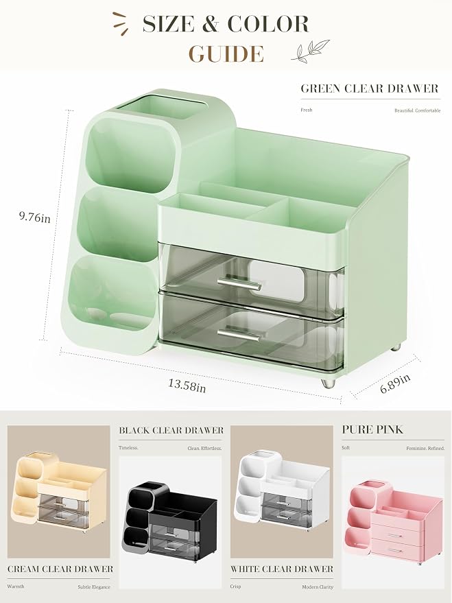 Makeup Organizer with Drawers,Large Capacity Countertop Organizer for Vanity,Bathroom and Bedroom Desk Cosmetics Organizers,Easy To Storage Skincare,Brushes,Lotions (Green)