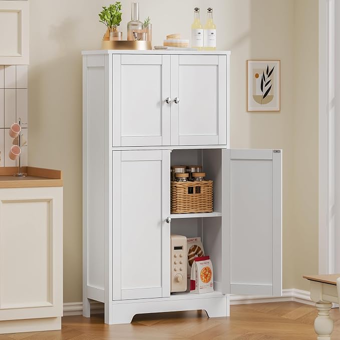 Bathroom Floor Storage Cabinet, Freestanding Bathroom Storage Unit with 2 Adjustable Shelves & 4 Doors, White