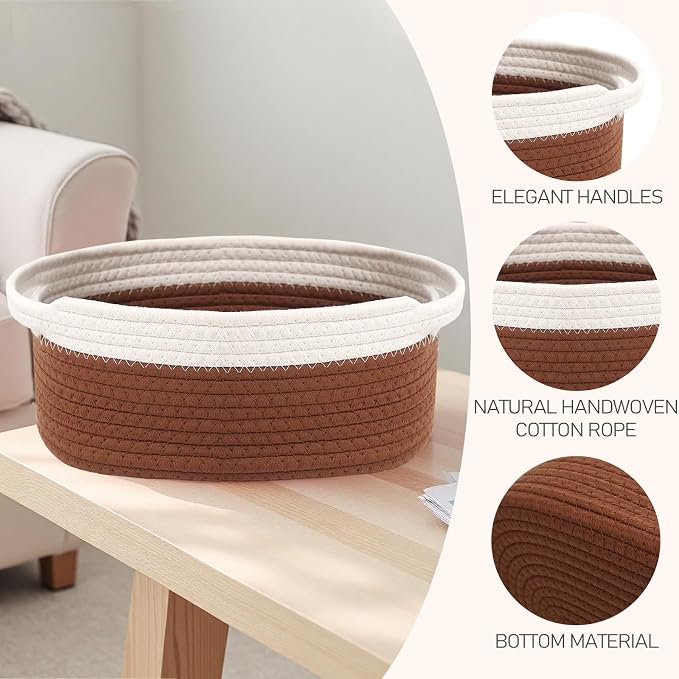 JMvicyroam Small Woven Basket, Empty Gift Basket, White&Brown/2 Pack | Small Gift Basket, Cotton Rope, 12 x 8 x 58 in, Handles, Includes Ribbon and Bag, Birthday Gift Basket