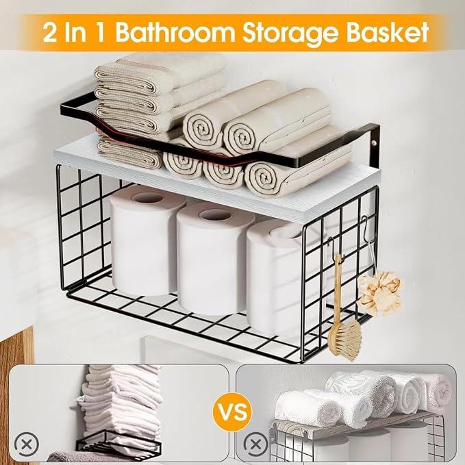 Towel Racks for Bathroom,Towel Rack Wall Mounted, 6 Tier Rolled Or Folded Towel Holder with Floating Shelves, Bathroom Towel Holder for Bath, Hand Towels,Metal,White Wood Panel