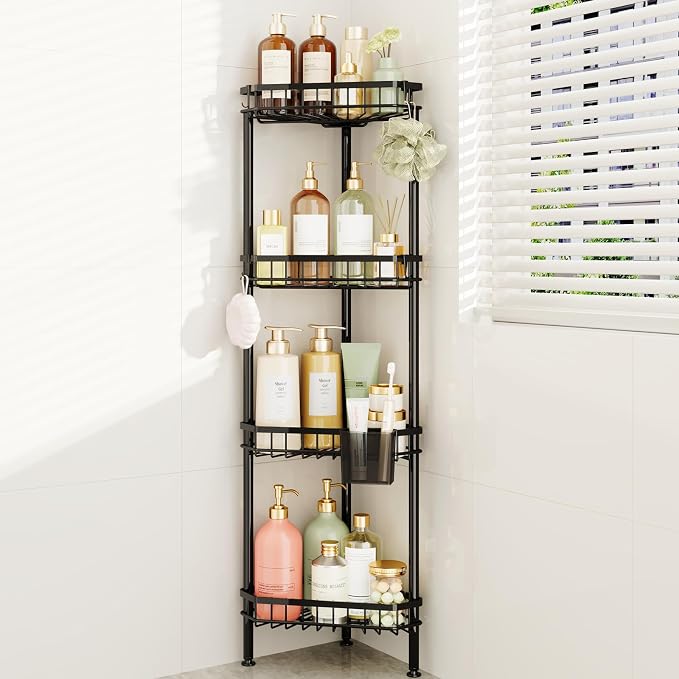 Consumest Corner Shower Caddy Stand - Rustproof Bathroom Organizer&Storage | 4 Tier Shower Shelves for Inside Shower, Stainless Steel Corner Shelf with Soap Holder, 4 Hooks, Brush Holder, Black