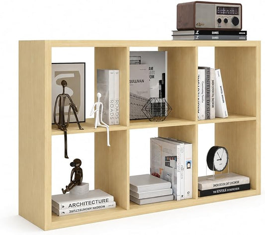 CTESNE【2026 Wooden Thick Frame 6 Cube Storage Organizer Shelf with Anti-Tipping Kits + Reversible Open Back Bookcase, Horizontal and Vertical Dual-use (Oak 13in)