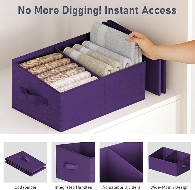 DIMJ Large Closet Shelf Organizer Bins 8 Packs with Handles and Divider, Fabric Trapezoid Storage Baskets, Foldable Clothes Containers Box for Shelf, Towel, Book, Toy, Purse, Hats, Purple