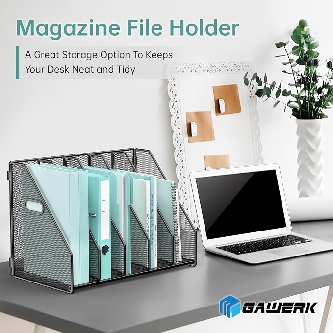 Gawerk 5 Section File Sorter Folder Holder Desk Organizer Office Rack | Desktop File Magazine Folder Holder 5 Compartments, Desk Organizer Vertical Magazine Folder Organize with Side Handles