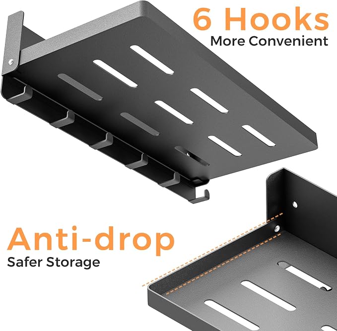 Small Folding Metal Shelf with Hooks, Fold-up Wall Shelf, 6 Hooks, Drop Down Floating Shelf for Laundry Room, Kitchen, RV, Toilet Room, Garage, Utility, Black（11.8", 1 Pack）