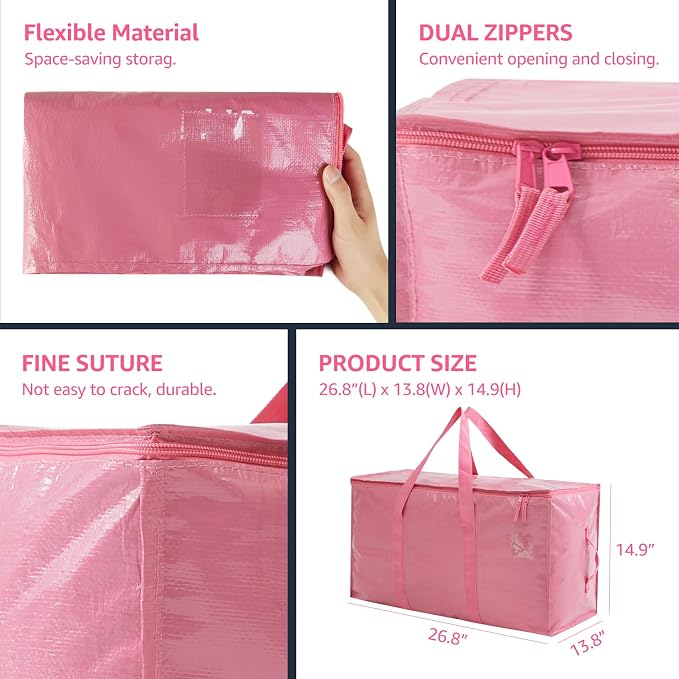 Moving Bags Heavy Duty Extra Large, Moving Boxes, Moving Supplies Essentials,Storage Bins with Lids, Plastic Packing Totes, Storage Bags for Clothes with Handles & Zippers(Pink, 6 Pack)