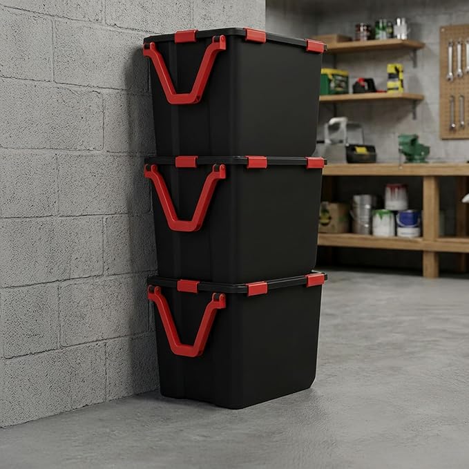 IRIS USA 3-Pack 106 Qt Storage Bins with Gasket Lids, Black/Red | WeatherPro seal helps protect bulky items for moving, garage, attic and basement storage