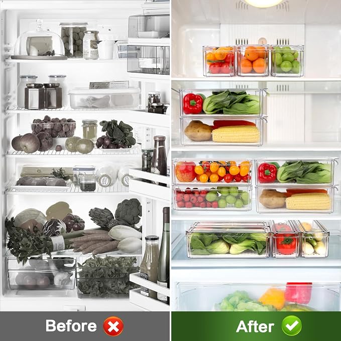 ZIJUND 6 Packs Fridge Organizers and Storage, Refrigerator Organizer Bins | Stackable BPA-Free Refrigerator Organizers and Storage Containers for Fruit, Vegetable, Food, Drinks, Cereals, Clear