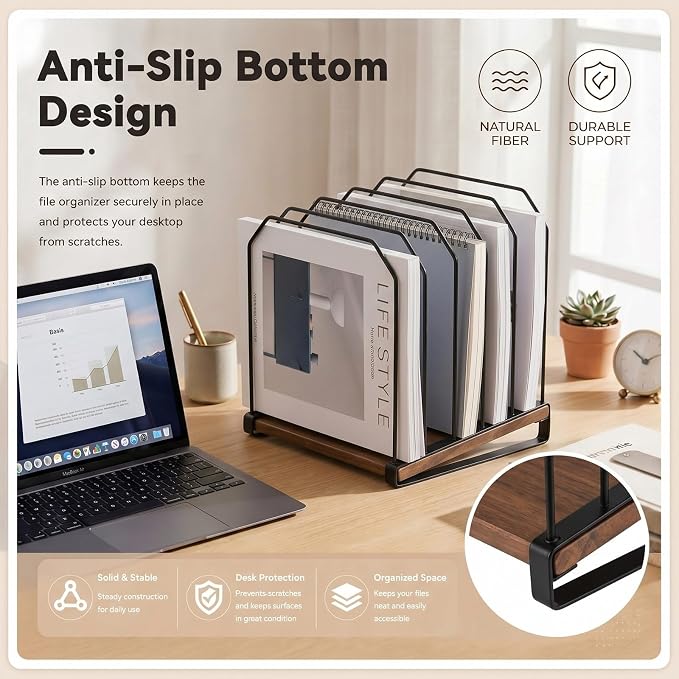 Novabright 2 Pack Inclined Desk File Organizer 5 Section Metal Vertical Folder Holder with Wooden Base Desktop Mail Sorter Step Magazine Document Paper Binder Holder for School Classroom Home Office