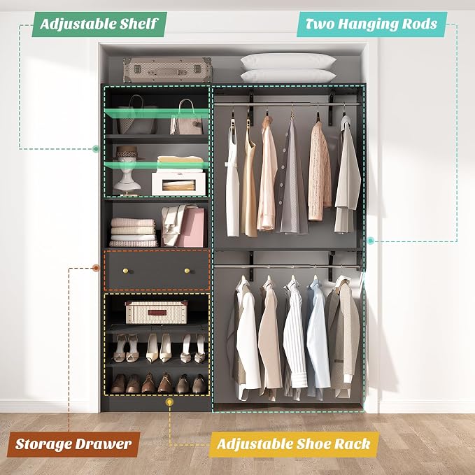 Closet System with Drawer - Reversible 5FT Wood Closet Organizer System with 2 Hanging Rods and Adjustable Shelf, Walk In Closet Organizers with Shoe Rack, Built-In Garment Rack Clothes Rack, Black