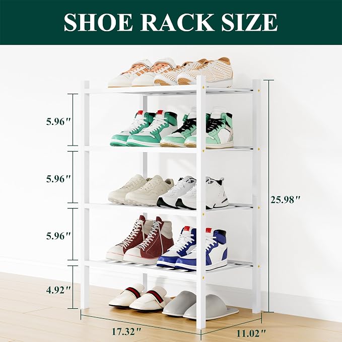 Smiry Bamboo Shoe Rack, 12 Vertical Slats, 4 Tier - 17.3" Wide, White | Stackable Free Standing Wooden Shoe Organizer, Wood Shoe Storage Shelf for Closet, Entryway