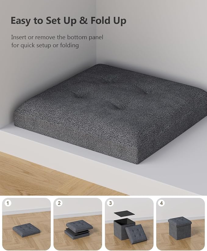 Folding Storage Ottoman Bench, Dark Gray, 15 Inches | Multi-Functional Ottoman Foot Rest, End of Bed Bench, Storage Chest, Living Room, Bedroom, Hallway, Entryway, 300 lb Capacity