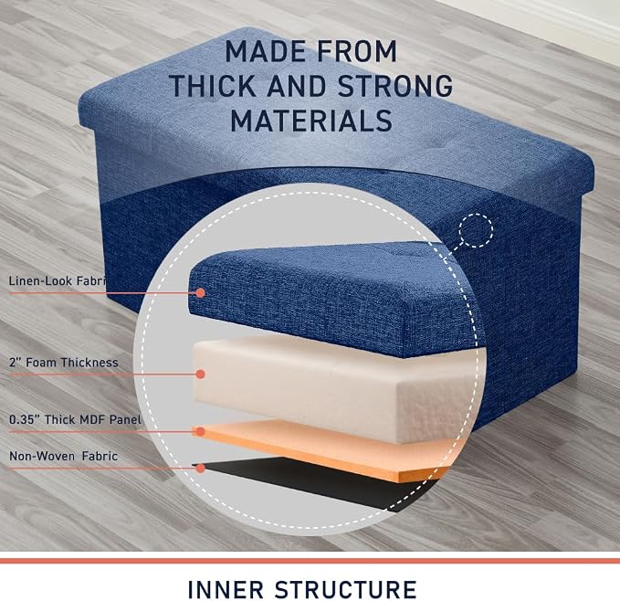 Ornavo Home 30 Inch Folding Storage Ottoman Bench, Tufted Linen, Navy Blue | Upholstered Large Ottoman with Lid; Foot Rest Stool; Ideal for Bedroom, Living Room or Entryway