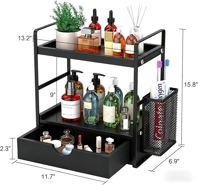 Bathroom Counter Organizer with Basket, Bathroom Organizers and Storage,Skincare Organizers for Vanity,Storage Organizers for Bathroom, Kitchen, Dresser (Black with Drawer)