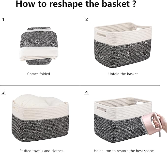 OIAHOMY 4 Pack Storage Basket, 13"x9"x7.8" Cotton Rope Baskets for Shelves, Closet Organizer for Bedroom & Living Room, Soft Decorative Bins for Organizing Towels, Books & Toys, Black & White