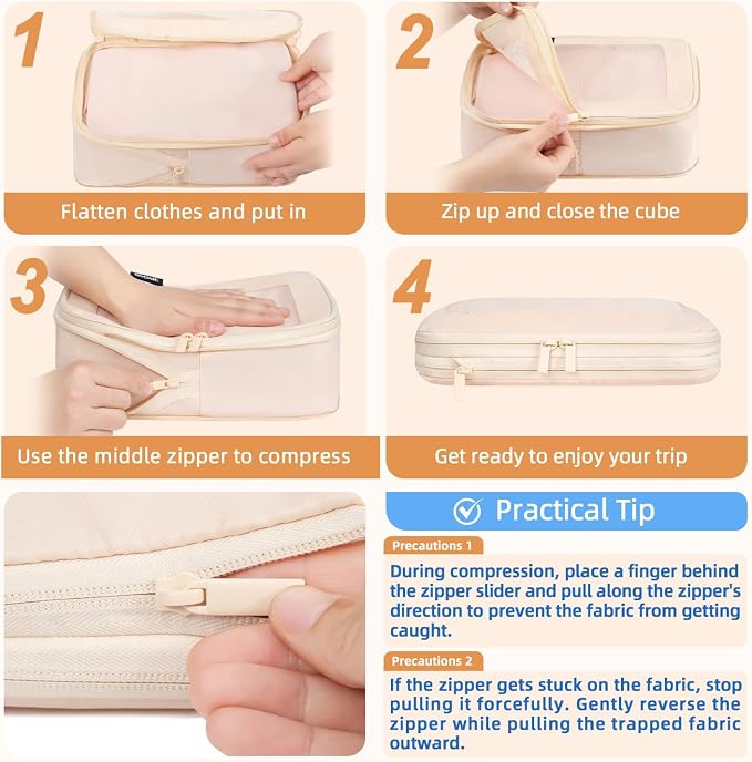 BAGAIL 4 Set/6 Set/8 Set Compression Packing Cubes Travel Accessories Expandable Packing Organizers (Square Mesh, 05-Cream)