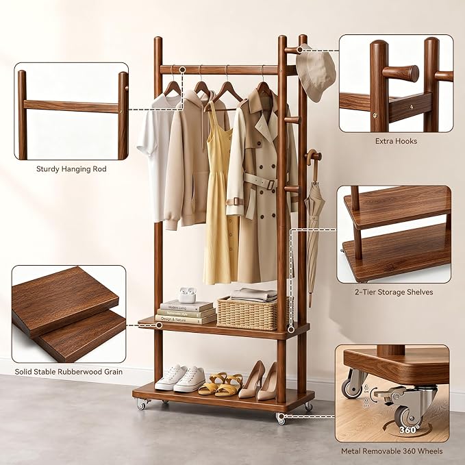 Taitiy Coat Rack Solid Wood Stand Storage 2 Shelves 4 Hooks Entryway | Hallway bedroom living room office, durable wood construction, freestanding design, coats hats bags storage