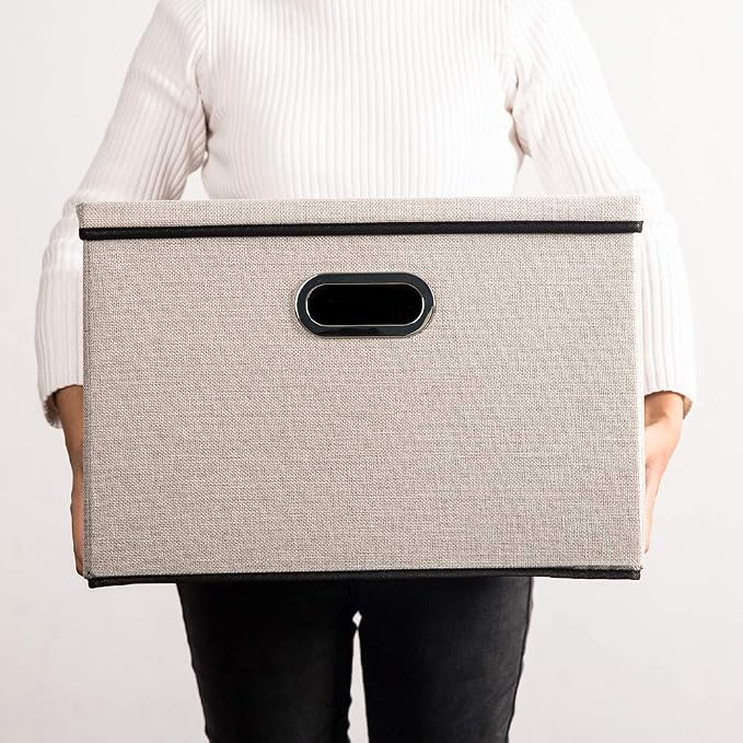 PRANDOM Large Foldable Storage Bin with Lid [1-Pack] Linen Fabric Decorative Storage Box Organizer Container Basket Cube with Handles Divider for Closet Office Living Room Light Grey(17.7x11.8x11.8)