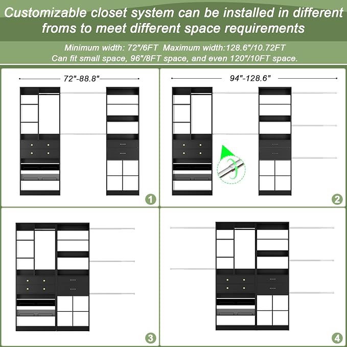 Besiost Closet System, Up to 128.6"/10.7 FT Closet Organizer with 4 Wooden Drawers and Shelves, Walk-in Closet System with 6 Hanging Rods, Built-in Closet Can Fit 96"/8FT, 120"/10FT, Black Set 2