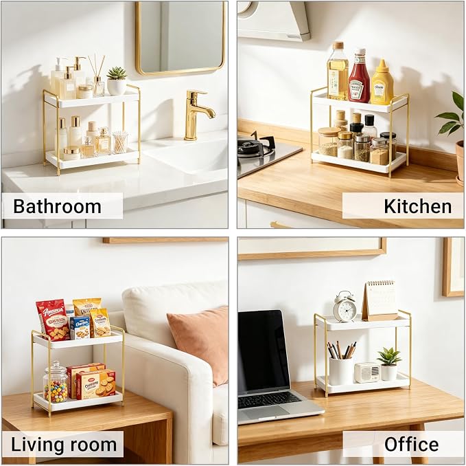 Mkono Bathroom Counter Organizer, 2 Tier Countertop Bathroom Decor Wood Storage Sink Shelf for Vanity Kitchen Coffee Station Home Office, Makeup Tray for Cosmetic Skincare Perfume, Gold and White