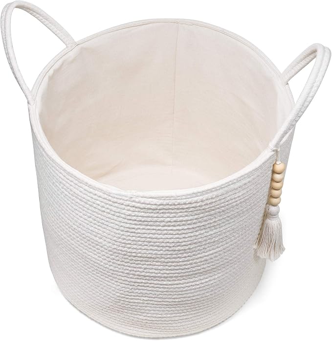 Mkono Woven Storage Basket Decorative Natural Rope Basket Wooden Bead Decoration for Blankets,Toys,Clothes,Shoes,Plant Organizer Bin with Handles Living Room Home Decor, White, 16" W × 13.8"L | White, Cotton, Decorative Basket with Handle, Wood Beads T...