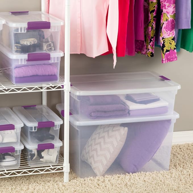 Sterilite ClearView Latch Boxes, Storage Bins with Lids, 66 Quart, 18-Pack | Clear Plastic Organizers with Color Accent Latches for Closet, Bedroom, Shelving Units, Dorm Room and Home Organization