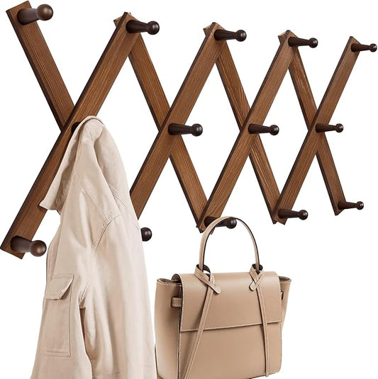 Accordion Wall Hanger, Hat Rack for Wall, Wood Expandable Coat Rack, Vintage Accordian Peg Hooks Purse Organizer for Hanging Baseball Caps, Coffee Mug, Hats, Clothes, Backpack, Towel