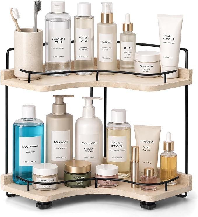 2-Tier Bathroom Counter Organizer, Solid Wood Corner Shelf for Vanity Countertop, Skincare & Makeup Storage Organizer with Metal Frame, Kitchen Counter Storage, Light Brown