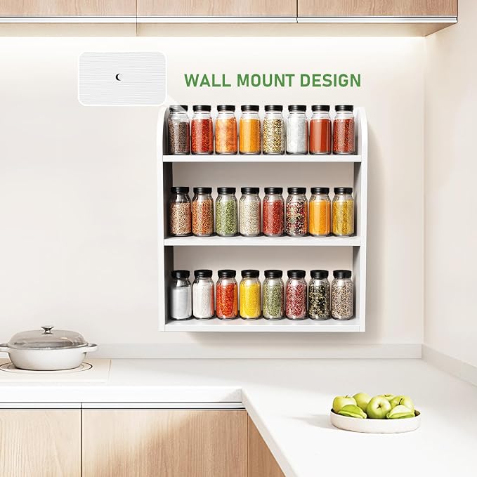 ROMGUAR CRAFT 3 Tier Bamboo Spice Rack, Countertop or Wall Mounting Wood Spice Jars Organizer Shelf for Kitche, Pantry (White)