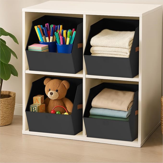 Homsorout Large Closet Storage Cubes - Closet Storage Bins with Dual Handles for Clothes, Towels, Toys, Shelf Organizer Bins for Bedroom, Nursery, Shelves, Small Spaces, Black, 4 Pack